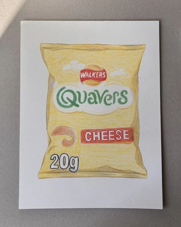 Colorful hand-drawn sketch of a bag of Walkers Quavers cheese-flavored snack chips, showing the Walkers logo, Quavers brand, a cheese wedge, and '20g' weight label.