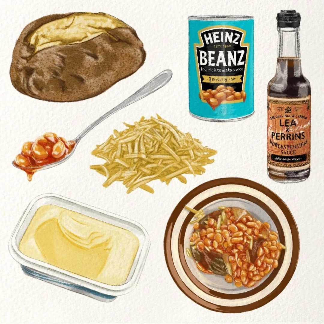 Illustration of a baked potato with sour cream, shredded cheese, baked beans in a bowl, a spoon of baked beans, a can of Heinz baked beans, a bottle of Lea & Perrins Worcestershire sauce, and a jar of butter.