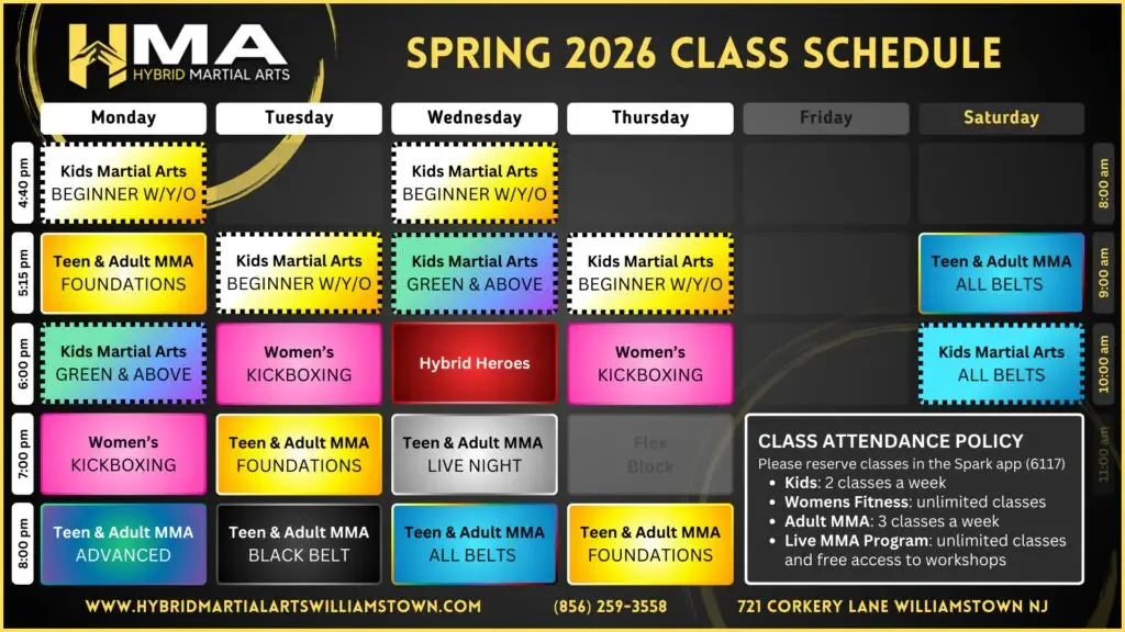 Spring 2026 class schedule for Hybrid Martial Arts in Williamstown, NJ, featuring classes from Monday to Saturday with various martial arts courses for kids, teens, adults, and women, including kickboxing, MMA, and beginner levels.