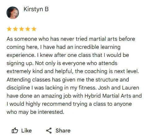 Screenshot of a positive review from Kirstyn B praising hybrid martial arts classes, mentioning a supportive environment and recommended for beginners.