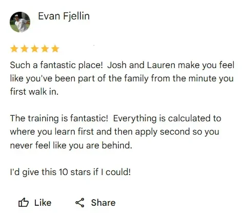 A screenshot of a five-star review by Evan Fjellin praising a training program and mentioning Josh and Lauren.