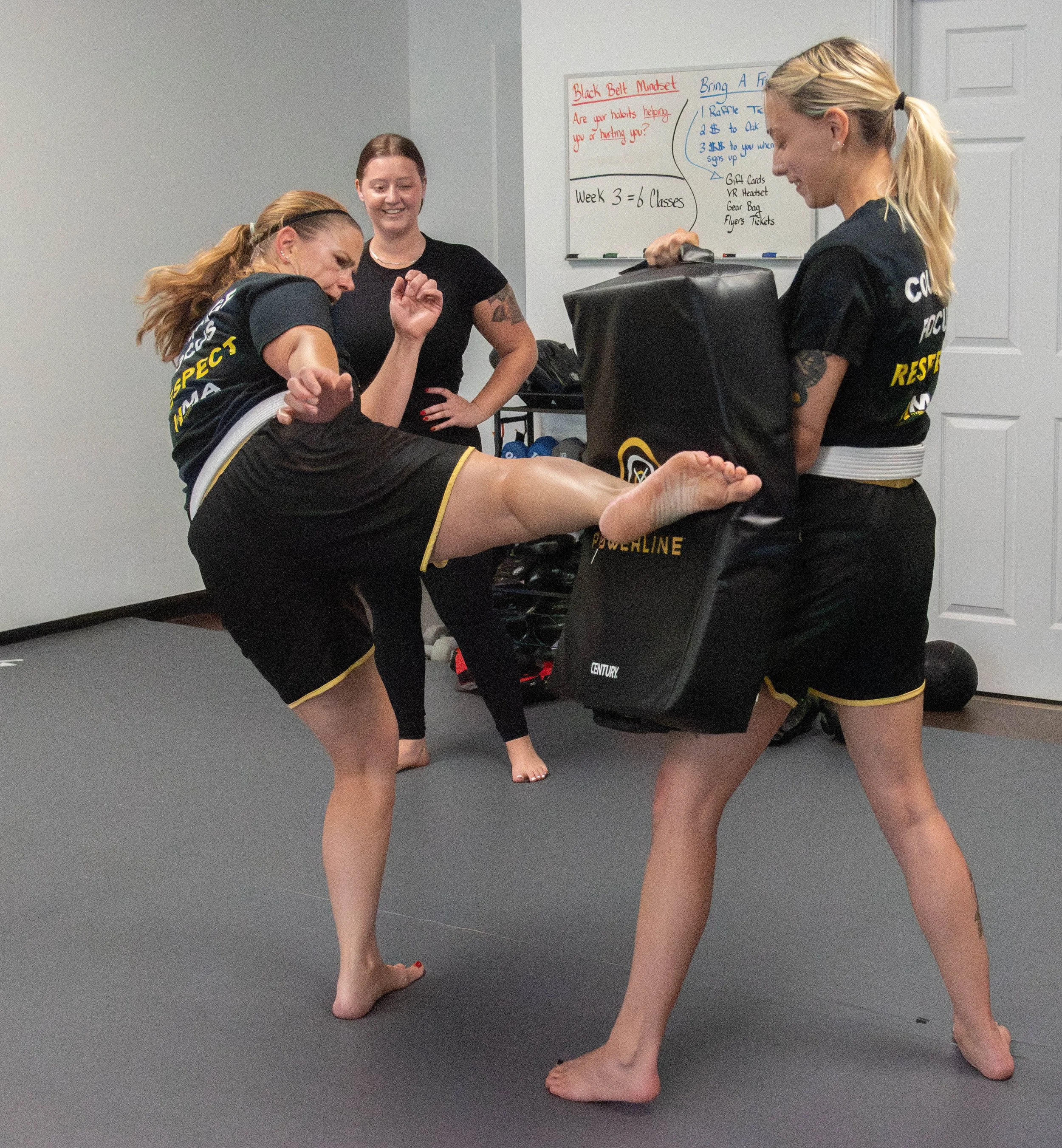 Two women are practicing martial arts with one holding a padded shield and the other executing a high kick. A third woman watches in a room with a whiteboard.