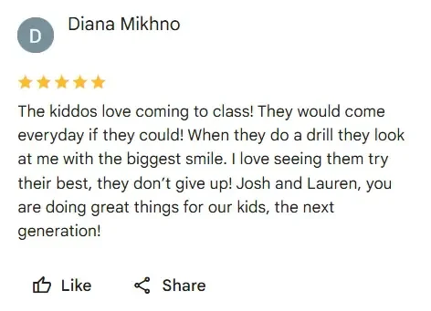 Online review from a teacher praising students for their enthusiasm and effort in class, mentioning specific students Josh and Lauren.