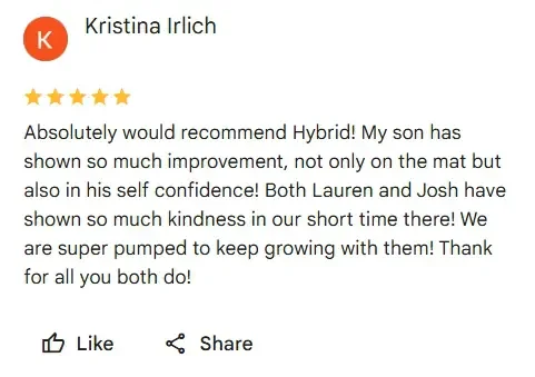 Screenshot of a positive customer review by Kristina Irlich praising Hybrid for her son's progress and confidence, mentioning Lauren and Josh.