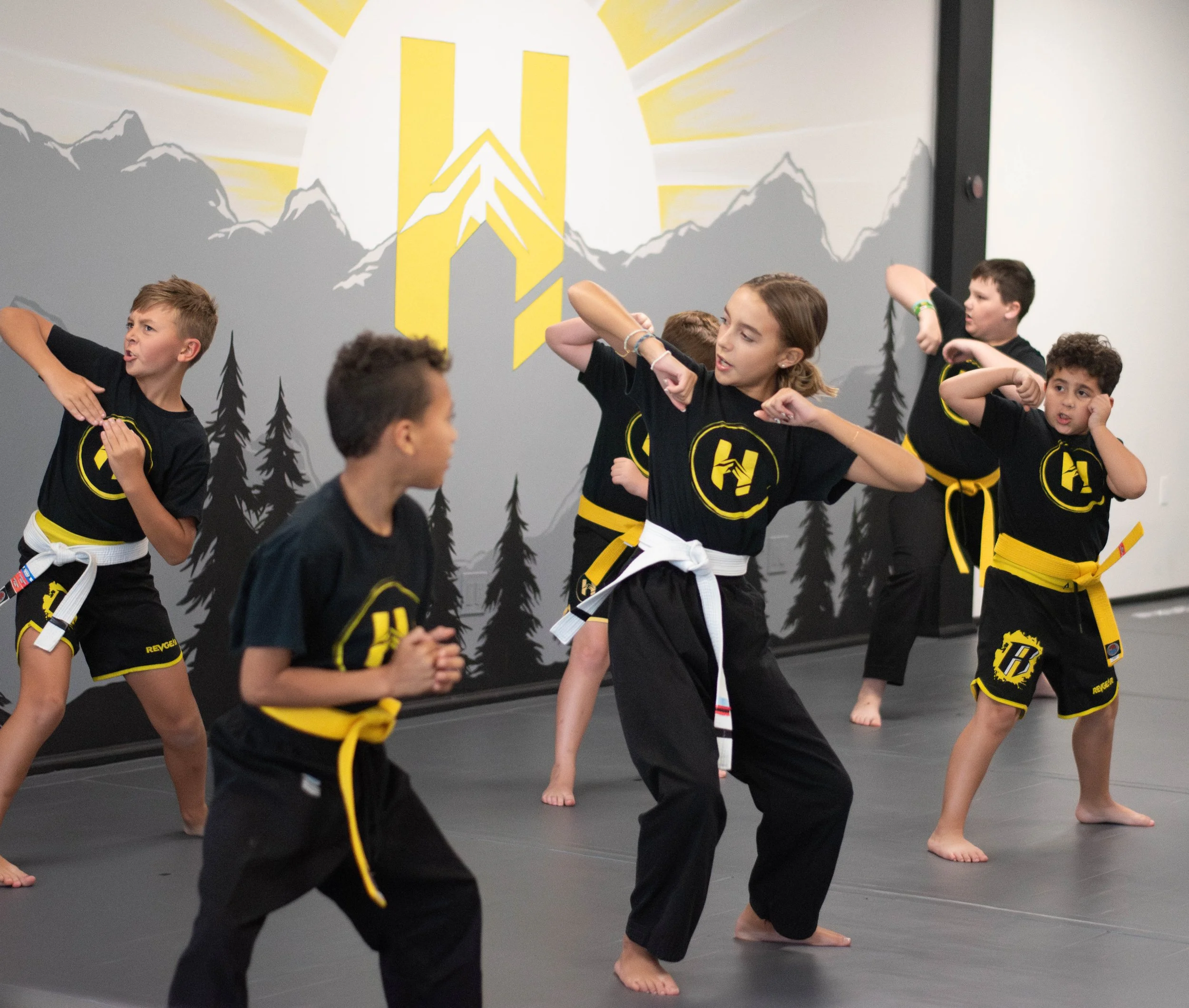 Group of children practicing martial arts in a dojo, dressed in black uniforms with yellow belts, on a mat with a mountain and sun mural in the background.