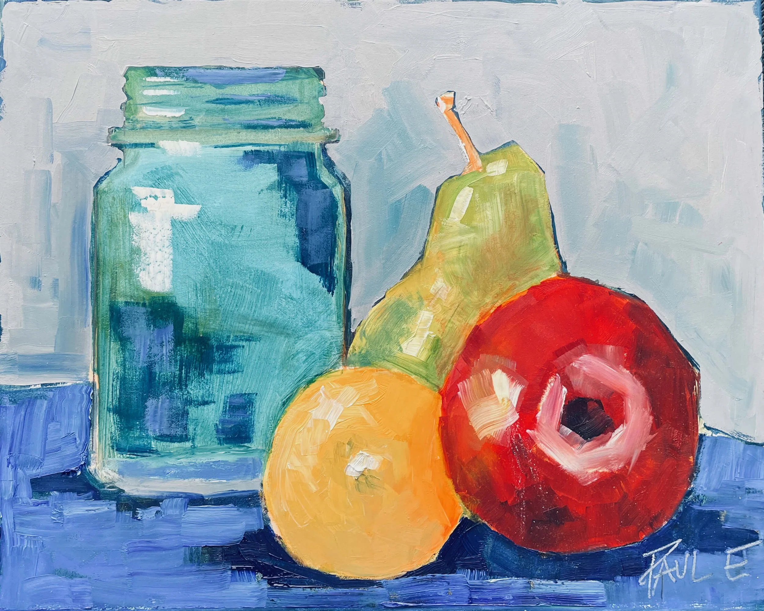fruit and blue jar