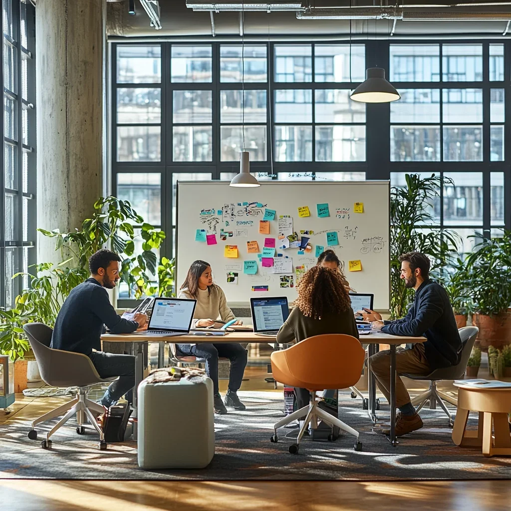 A diverse group of five people working together in a modern, well-lit office conference room with large windows, plants, and a whiteboard covered with colorful sticky notes and papers.