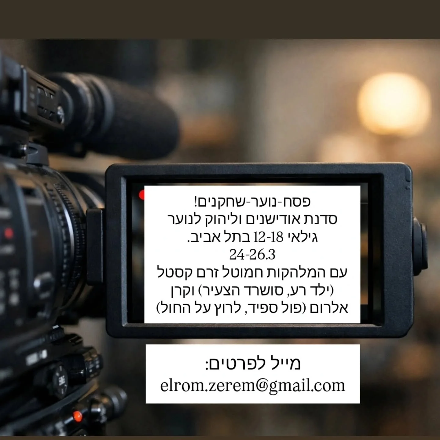 שחקנים בגילאי נוער 12-18?
הורים לילדים שחקנים בגילאים האלה?

סדנת ליהוק ואודישנים :
 תירגול אודישנים בז'אנרים של דרמה וקומדיה, תירגול אודישנים מצולמים, תירגול אודישנים פרונטליים, איך מדייקים אודישנים לפרסומות, סודות על מאחורי הקלעים של התעשייה,  על ה