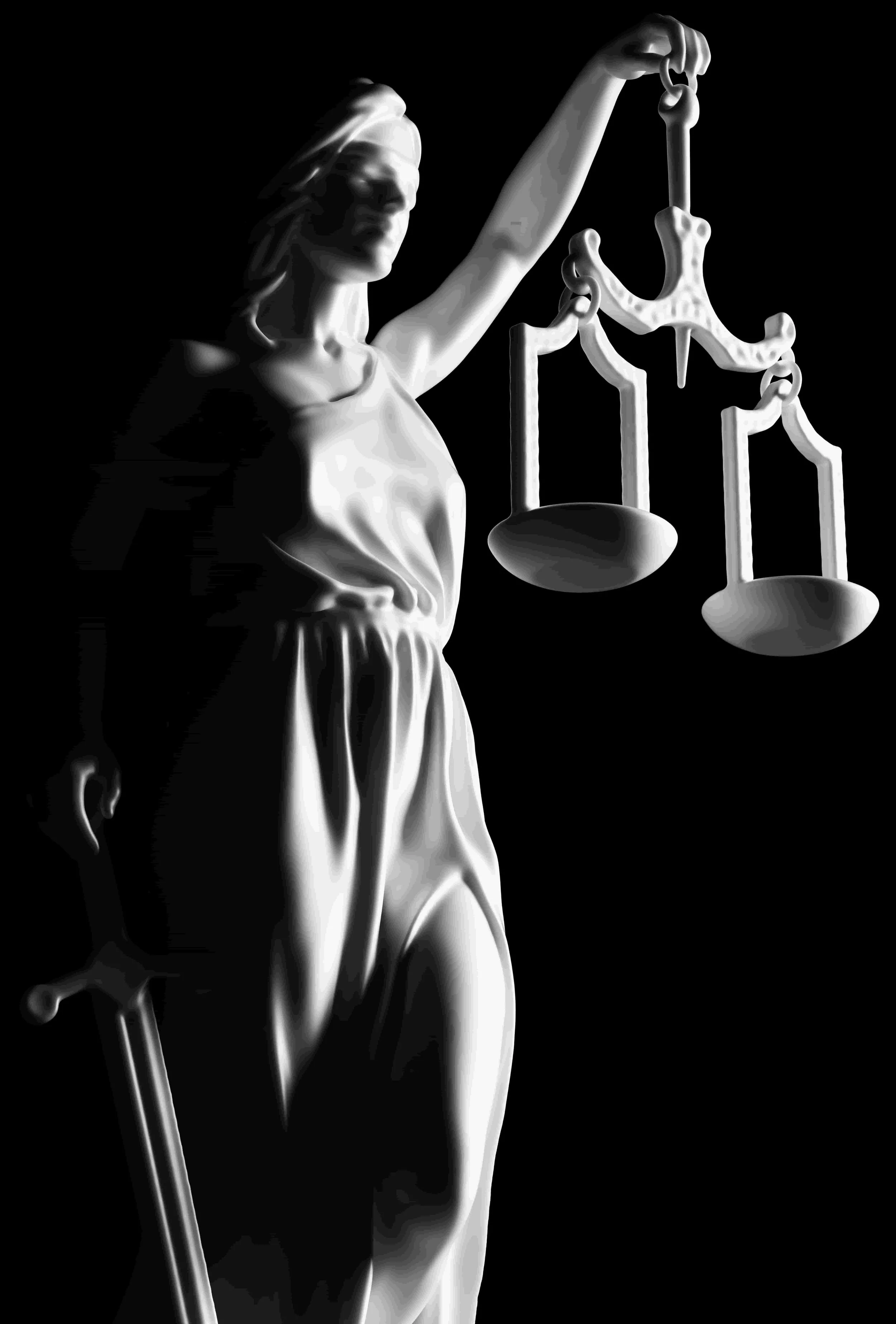 Black and white sculpture of Lady Justice holding scales in her left hand with chains hanging from the scales, head slightly turned to the right, with a blindfold covering her eyes, set against a dark background.