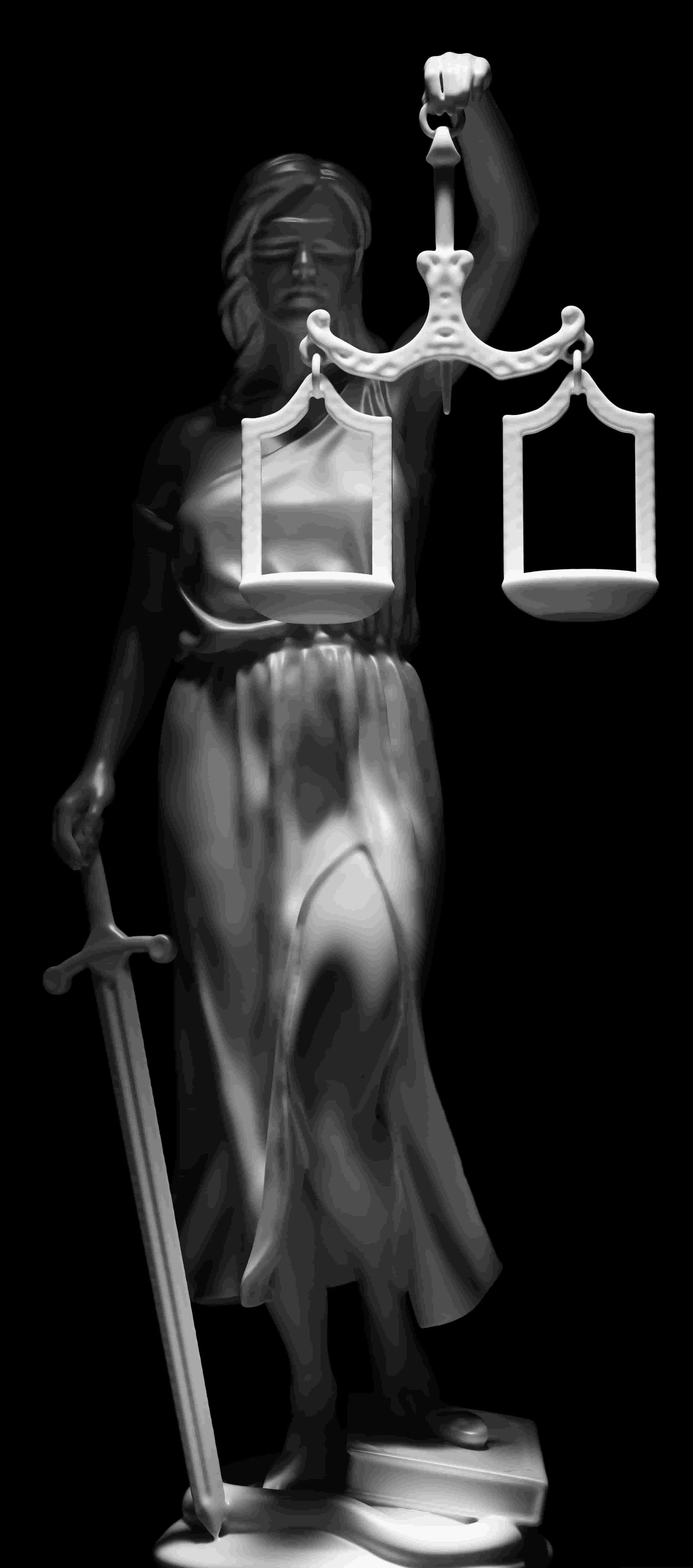 Statue of Lady Justice holding a set of scales in her right hand and a sword in her left hand, wearing a blindfold.