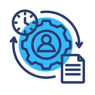 Icon representing project management or workflow, with a gear, a clock, a user, and a document.