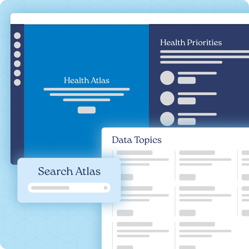 Health Atlas public dashboard mockup with a search bar, health priorities panel, and data topics list