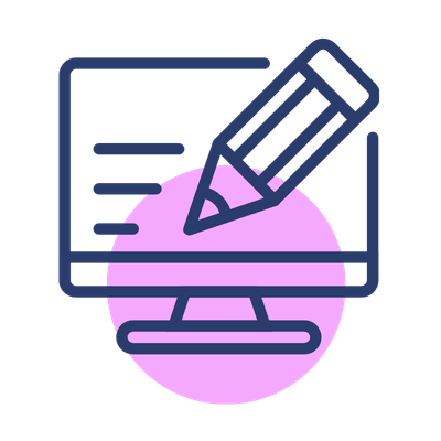 Icon of a computer monitor with a paper or document, and a pencil writing on it, indicating editing or writing online.