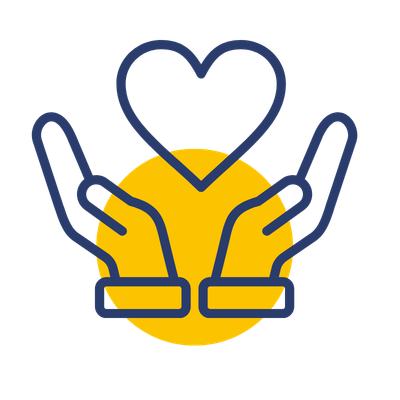 Illustration of two hands holding a heart with a yellow circle background