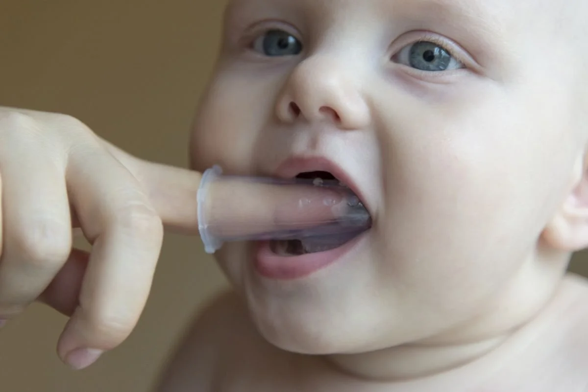 Mundbereich eines Babys wird mit einer Silikon-Fingerzahnbürste abgetastet – Mundmotorik bei Zungen- und Lippenbanddurchtrennung