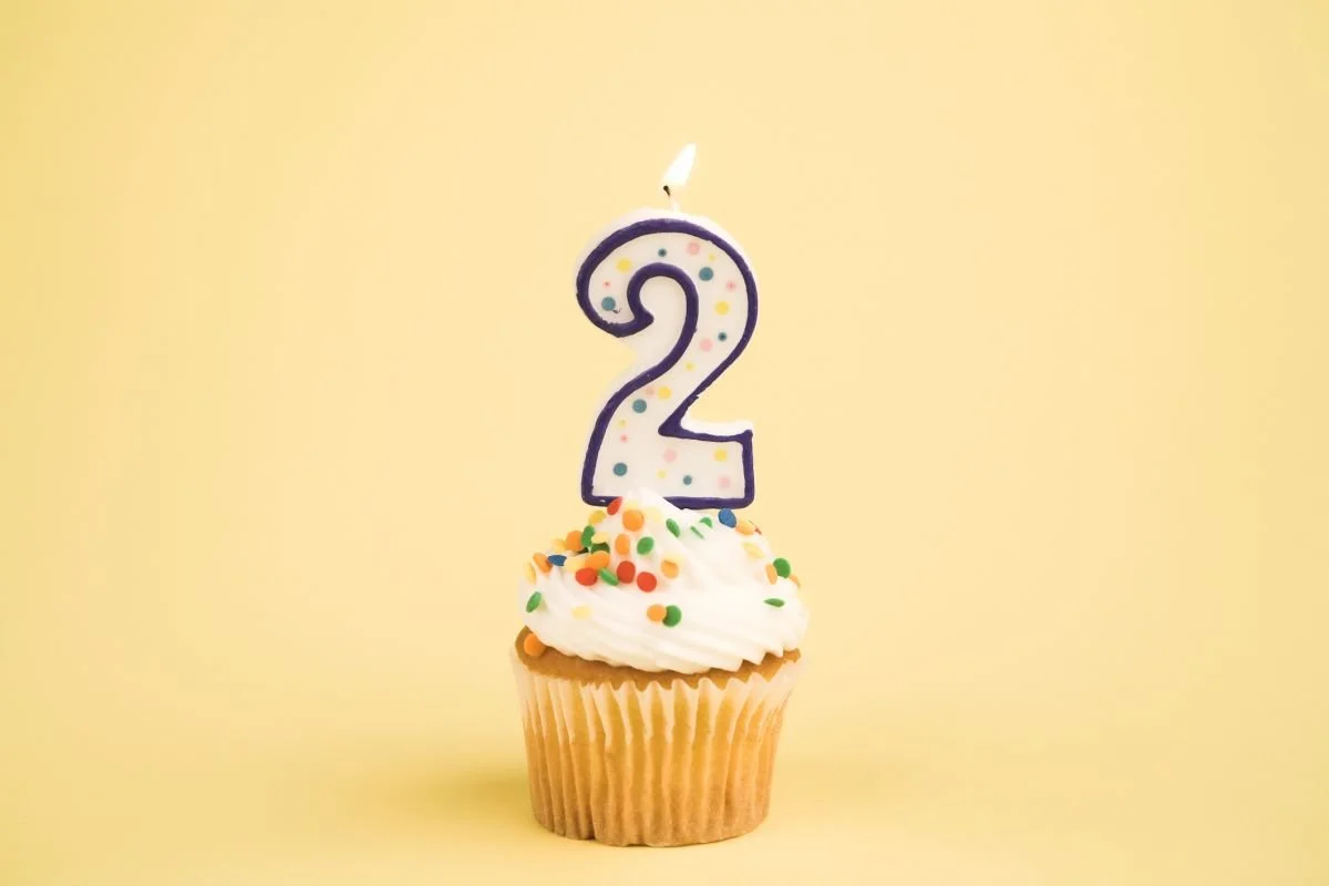 Cupcake mit Geburtstagskerze in Form einer Zwei – Sprachentwicklung im 1. und 2. Lebensjahr