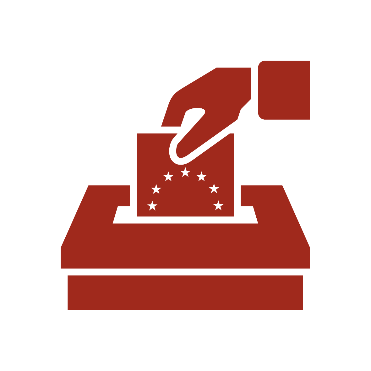 Red ballot box with hand inserting voting slip, featuring stars inside a circle.