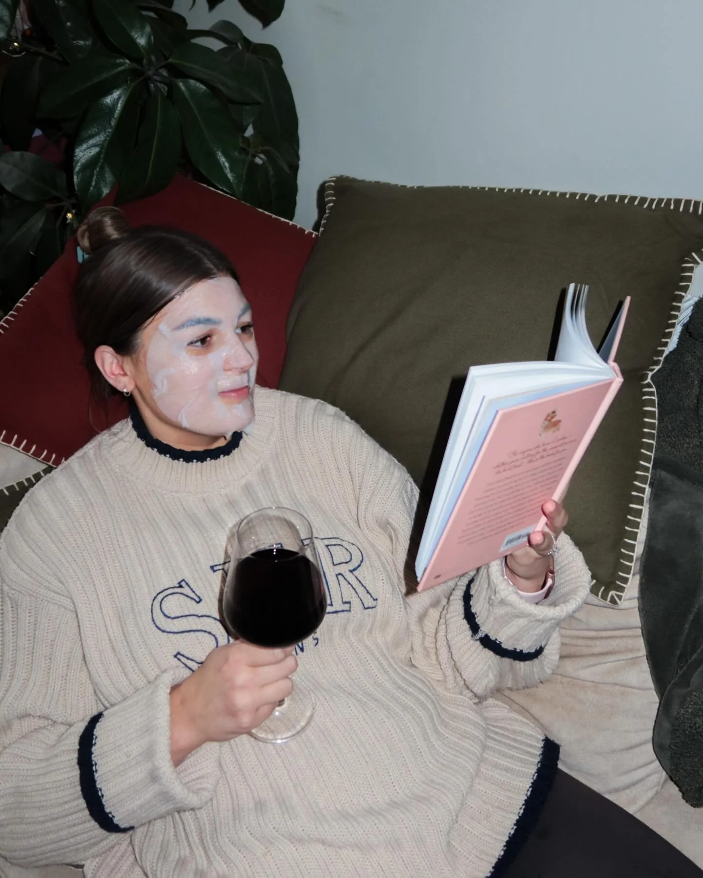 Recharging with the essentials: skincare, stories, sip.🍷