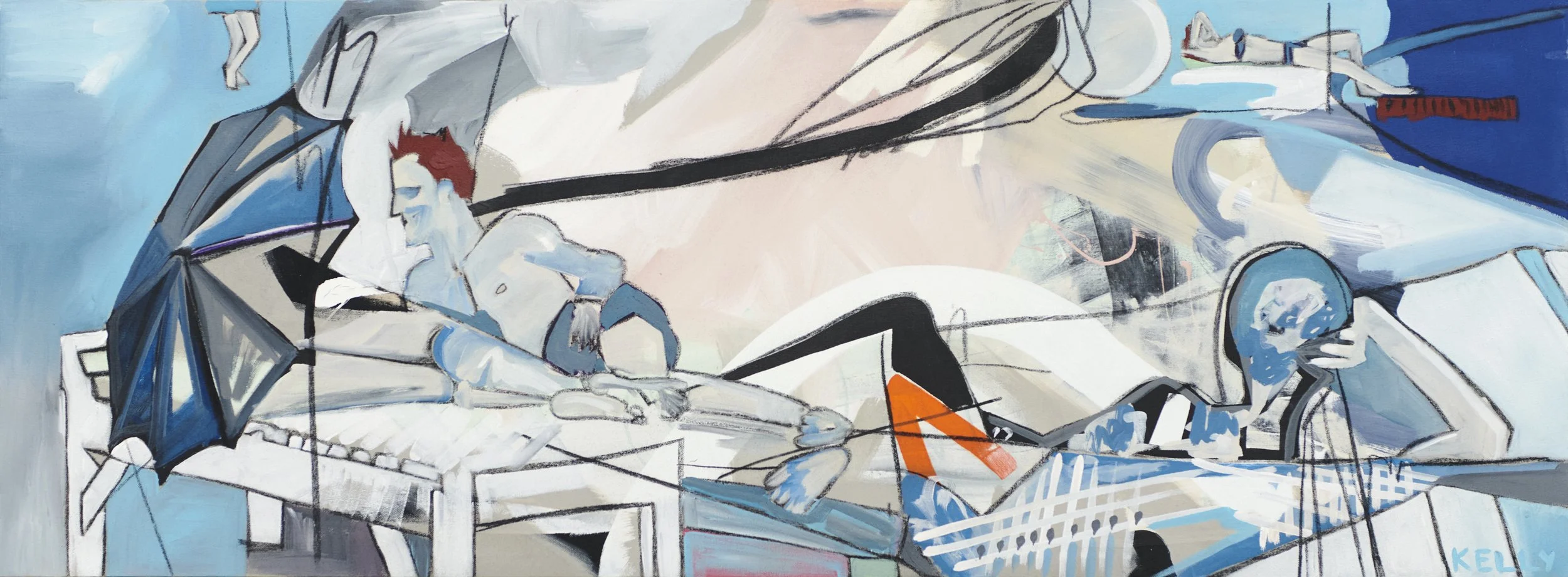 Abstract painting depicting two women, one with red hair and the other with blue hair, lying on beds or couches. The scene uses a dominant palette of blues, blacks, whites, with accents of orange and red. The figures are stylized with loose, expressi