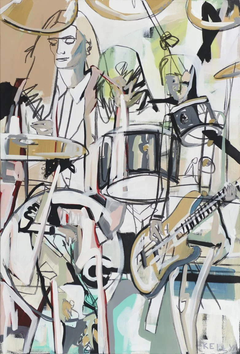 An abstract line drawing of a band playing musical instruments including a drum set, a guitar, and a cymbal, with a female figure in the background.