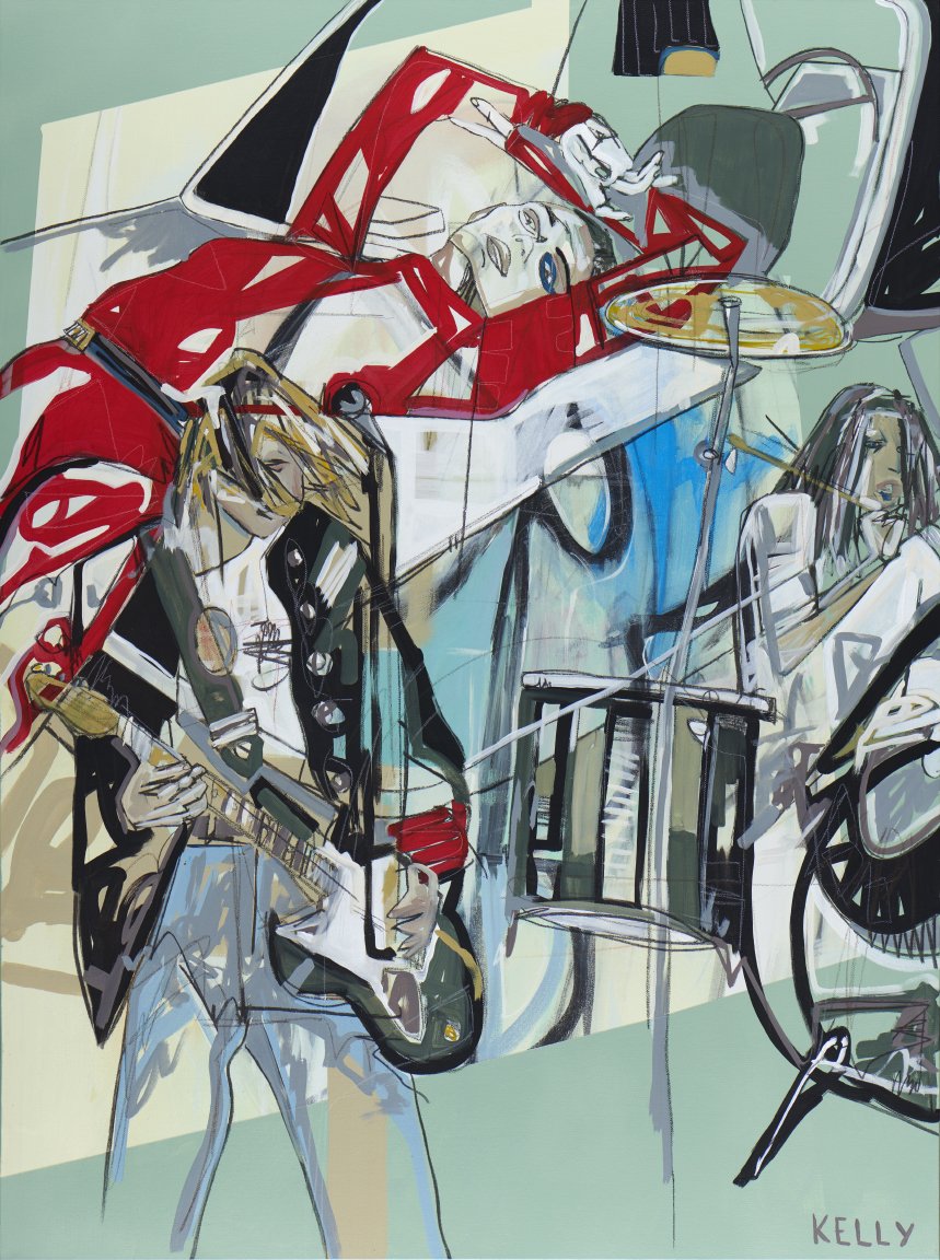 An abstract artwork depicting a person playing an electric guitar, multiple women in cars, and a pizza on a table, in a colorful and dynamic style.