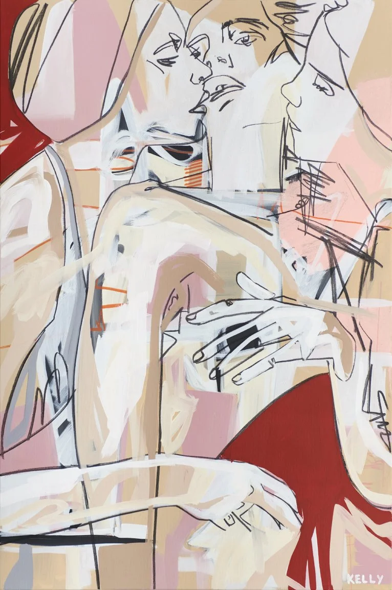 Abstract line art of four people in close proximity, holding hands and touching faces, with soft pink, beige, and red colors.