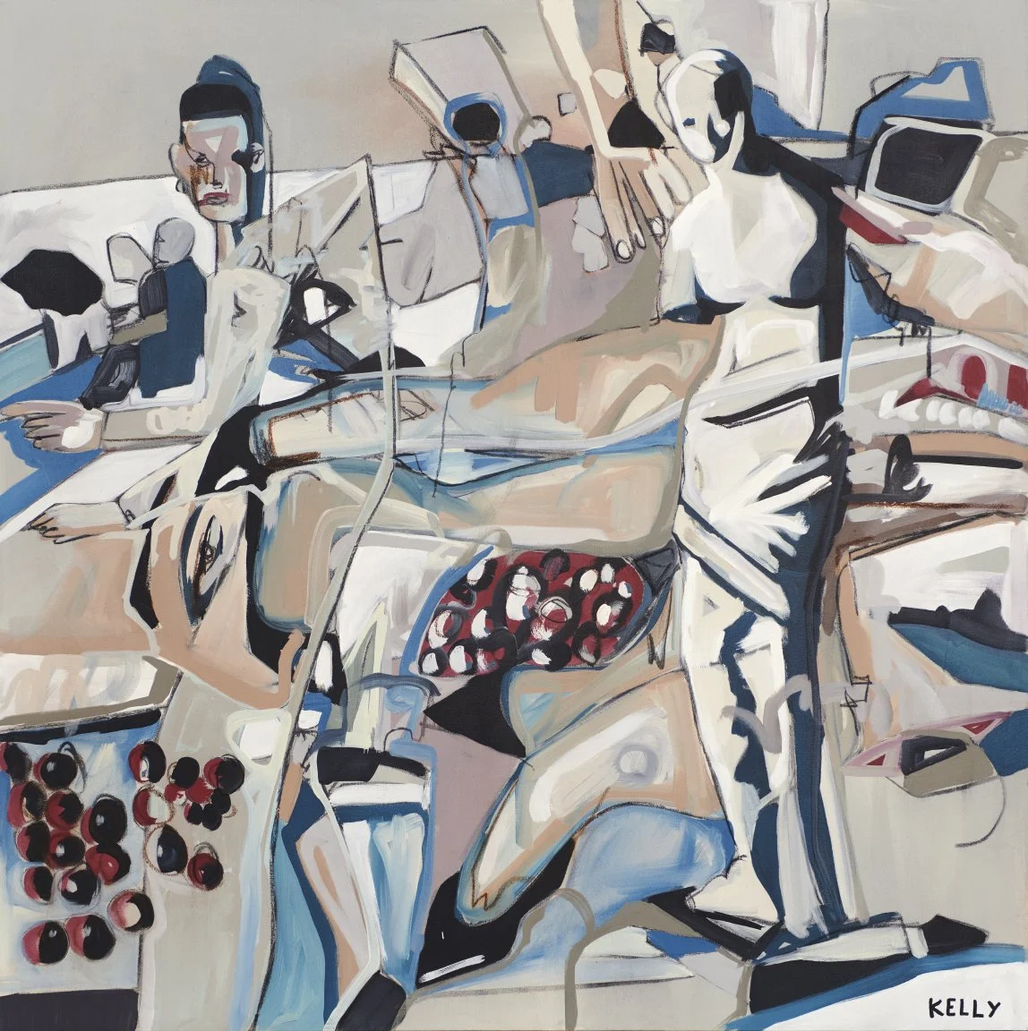 Abstract painting of people working at a jewelry counter, with jewelry and tools, in a busy store setting.
