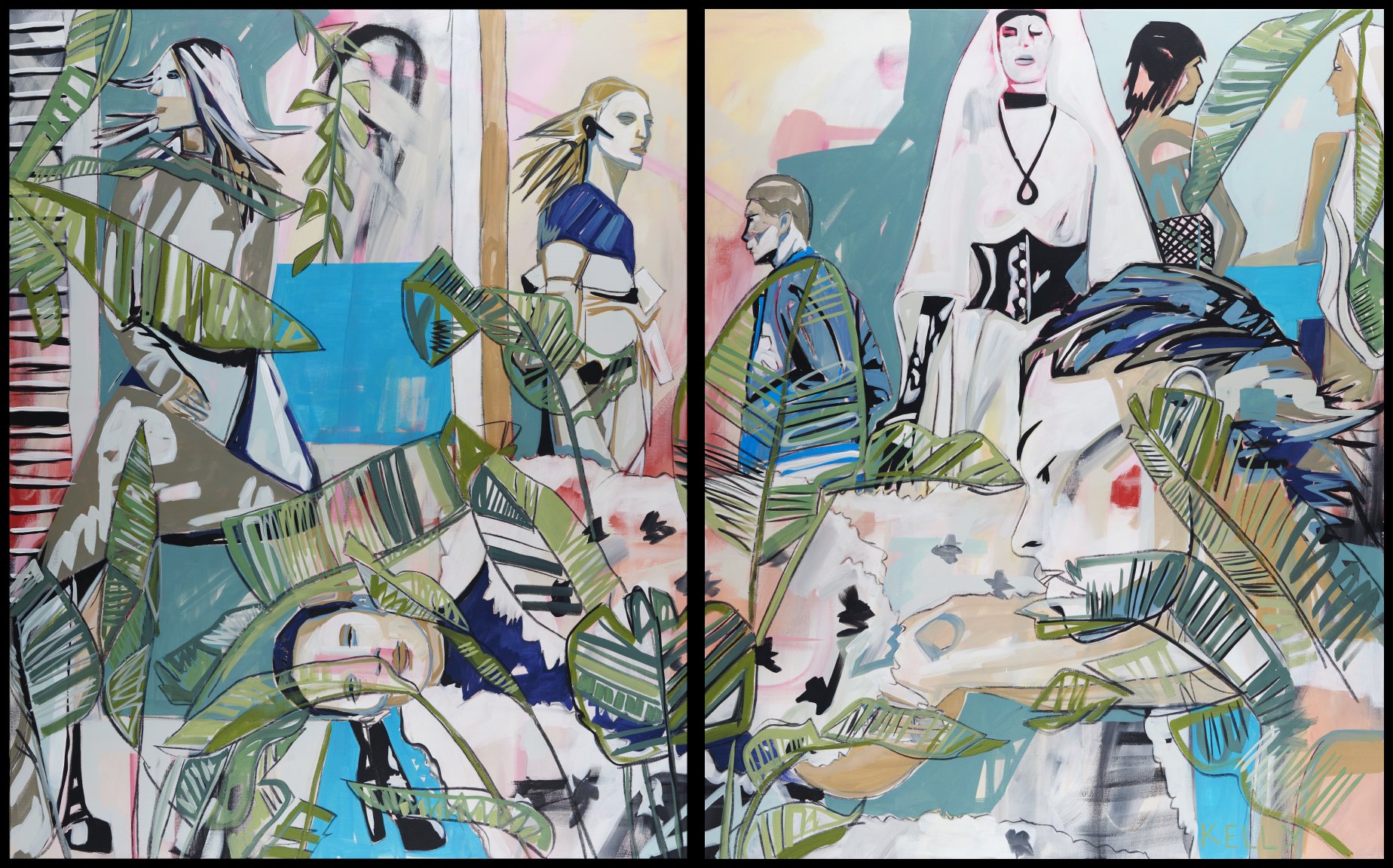 A colorful mural featuring stylized figures of women with various hairstyles and clothing, partially obscured by large green leaves and botanical elements, blending abstract and realistic styles.