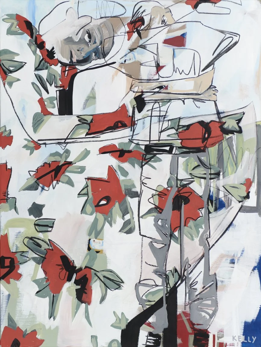 Abstract watercolor painting of a woman with flowers, featuring loose black outlines and splashes of red, green, and blue.