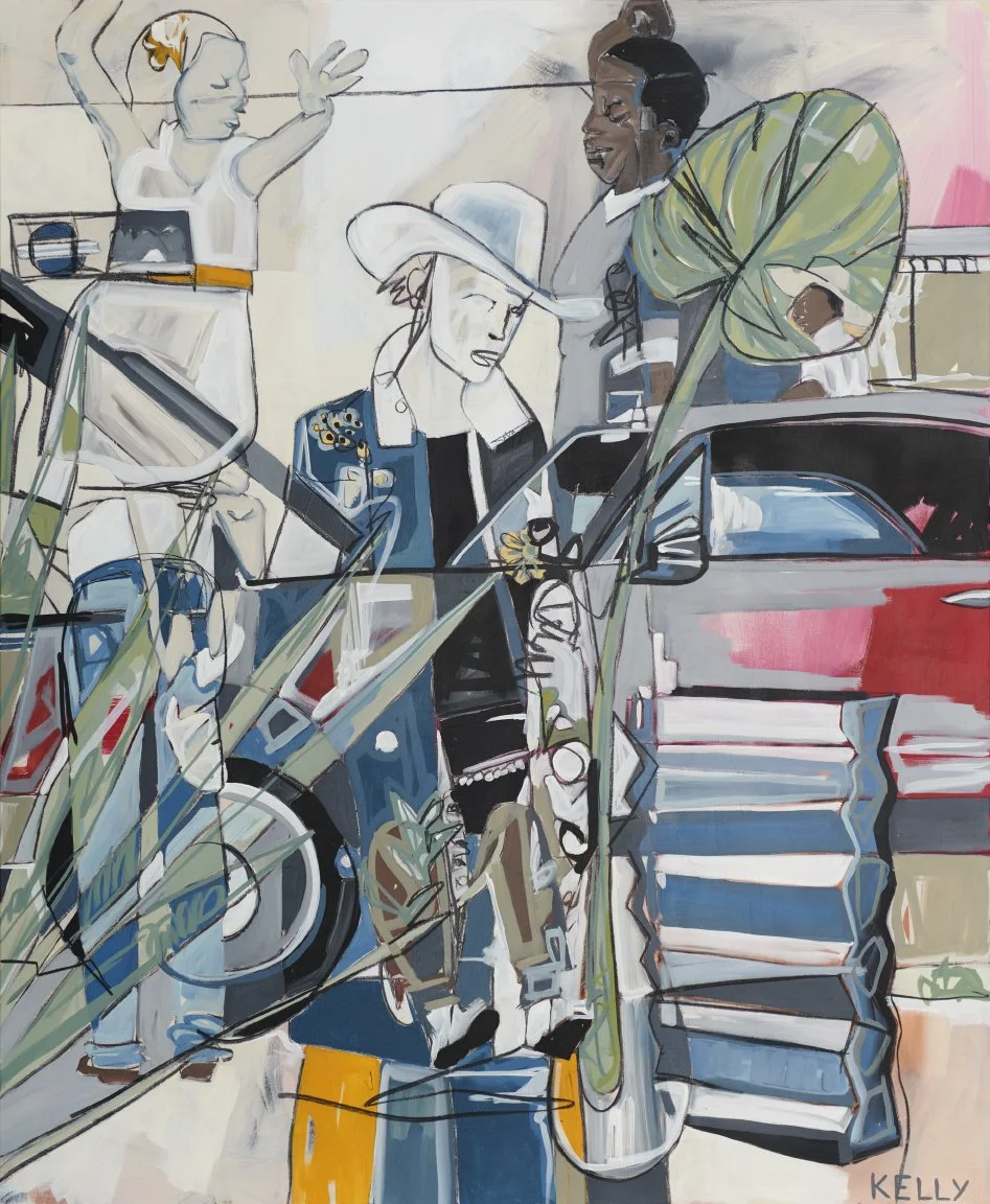 Abstract painting of three women in an outdoor setting, with one woman wearing a cowboy hat and denim jacket holding a flower, and another woman in a colorful outfit with a bun hairstyle. The scene includes a red vehicle, large green plants, and a st