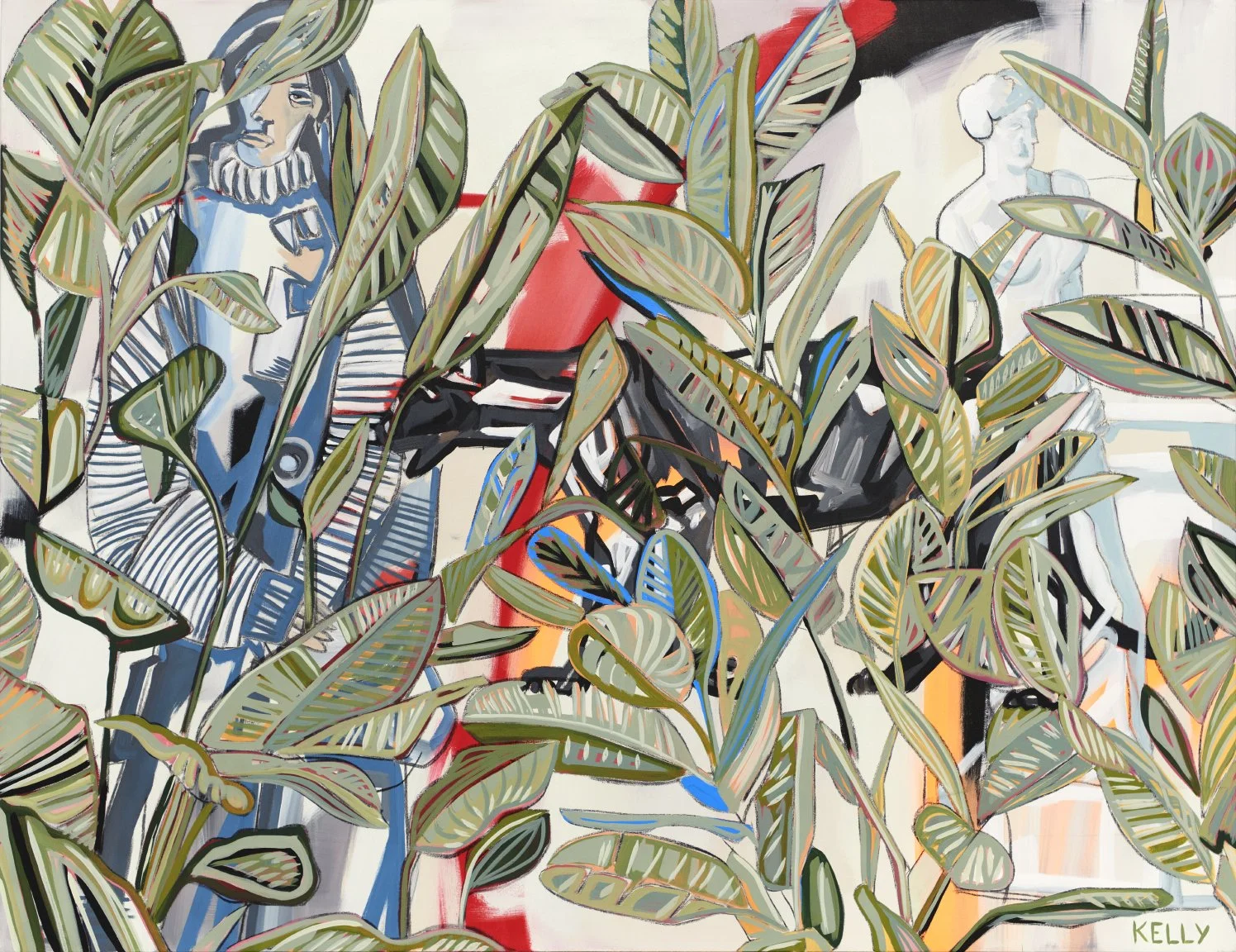 Abstract painting with human figures partially obscured by green leaves, with bold and pastel colors, including red, yellow, blue, and black, and the artist's signature 'KELLY' in the bottom right corner.