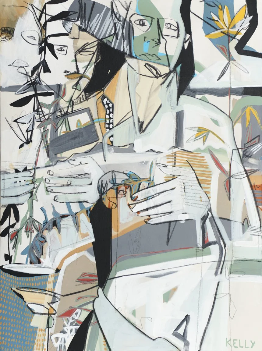 An abstract, cubist-style painting of four people sitting together, with one person reading a book, surrounded by artistic, colorful lines and shapes.