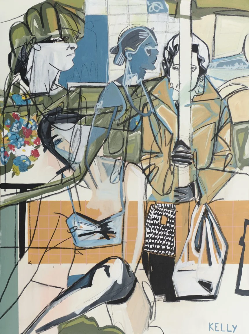 An abstract illustration of three women standing at a bus stop, with one woman sitting on a bench. The scene features colorful, expressive lines and segments of color, including floral patterns, clothing, and background elements.