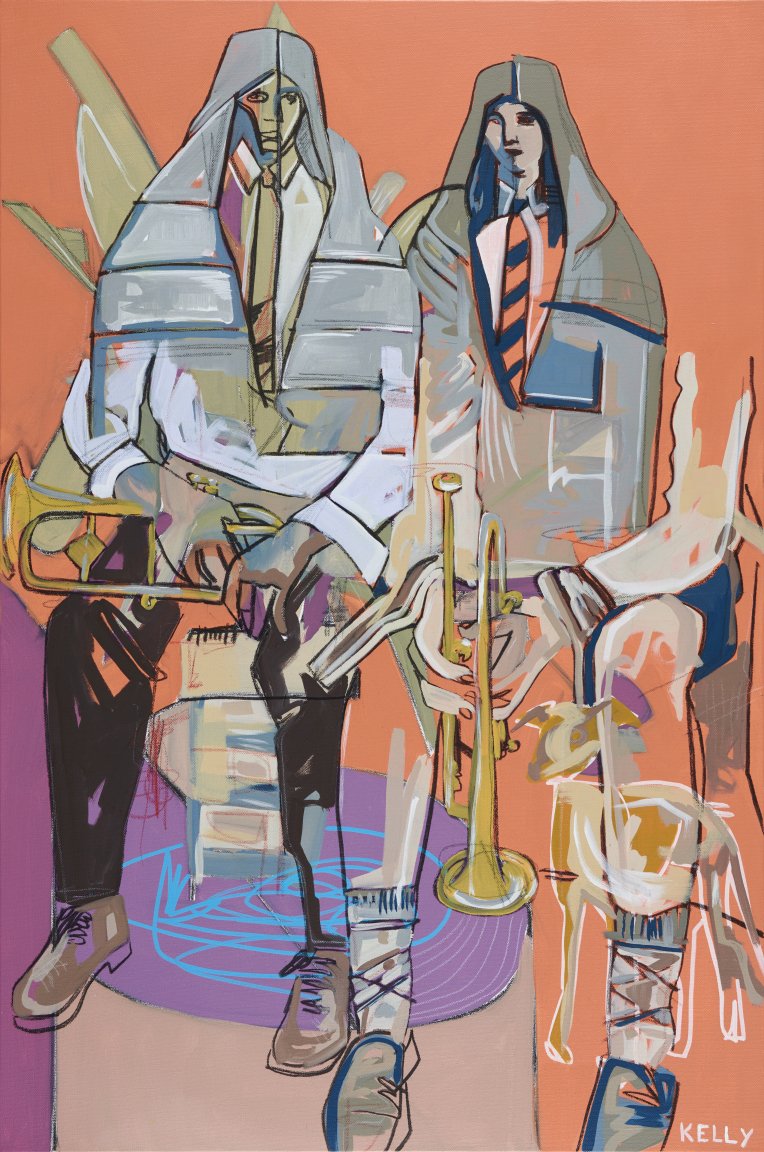 An abstract painting of two musicians playing jazz; one with a trumpet and the other with a trombone, on a peach and purple background.