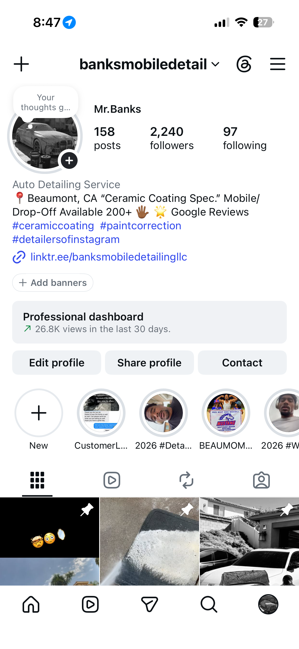 Screenshot of a mobile phone displaying a social media profile for 'banksmobiledetail' with contact info for an auto detailing service in Beaumont, CA. The profile shows 158 posts, 2,240 followers, and 97 following, with highlighted stories below.