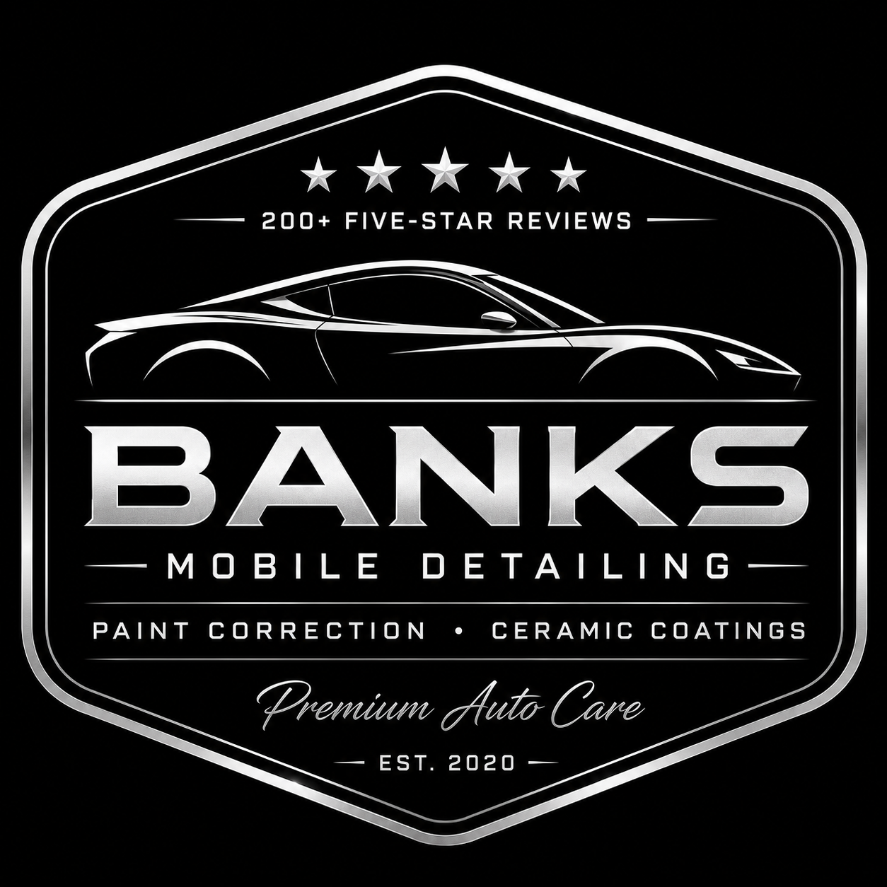 Black and white logo for Banks Mobile Detailing featuring a sleek car outline, five-star review banners, and text for auto paint correction and ceramic coatings.