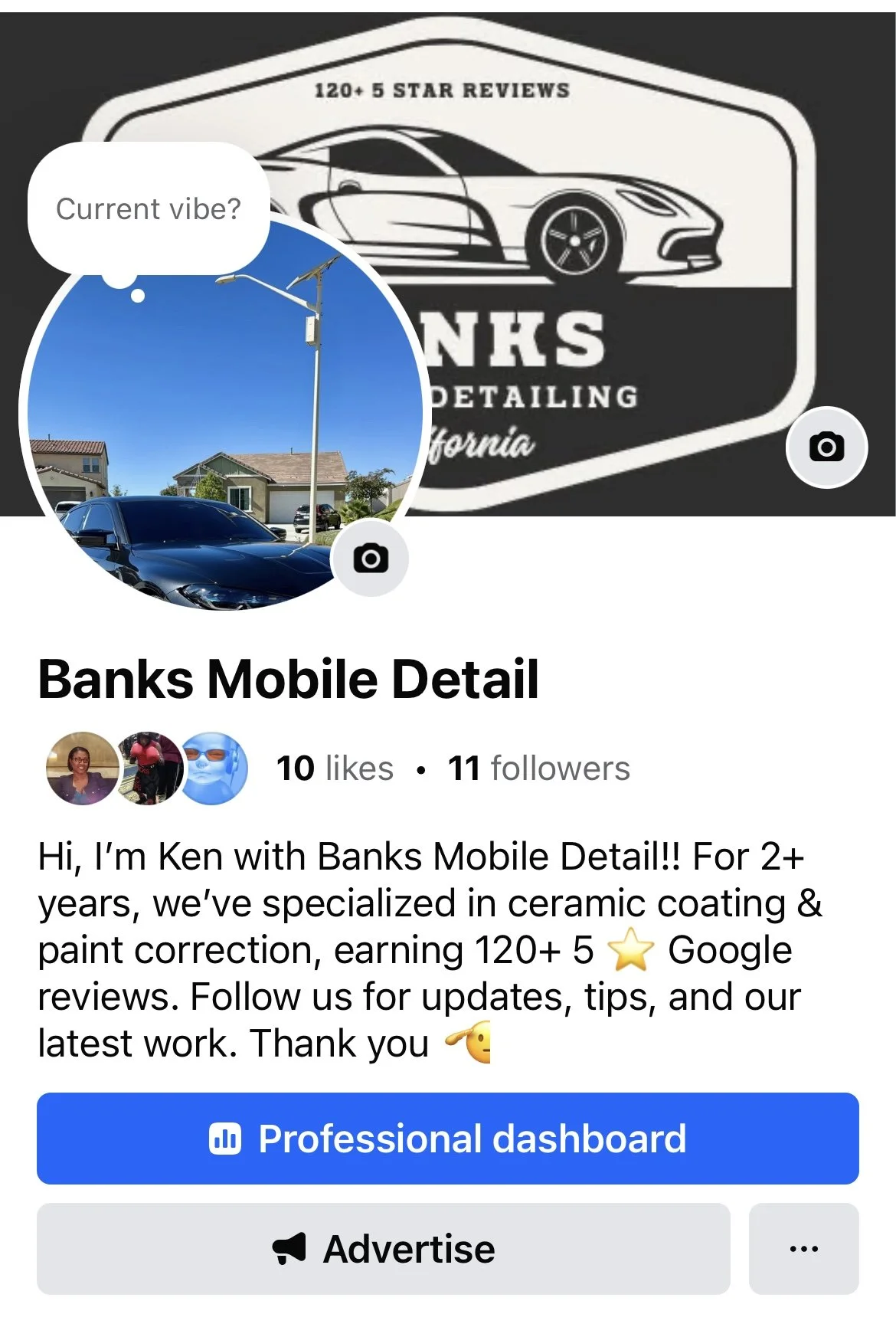 A social media profile page for Banks Mobile Detail. The profile picture shows a blue sky and a black car parked in a residential neighborhood. The banner image displays a black and white sketch of a sports car with the text, '120+ 5 Star Reviews' and the name Banks Mobile Detailing, California.