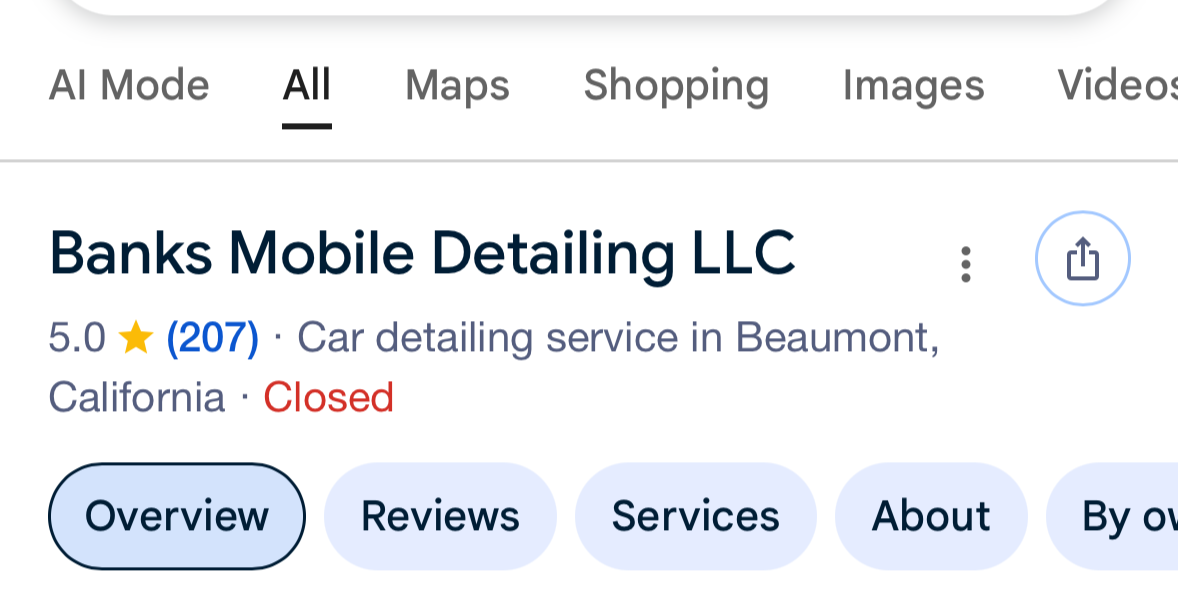 Screenshot of a Google search result for Banks Mobile Detailing LLC, a car detailing service in Beaumont, California, marked as closed, with a 5-star rating based on 207 reviews.