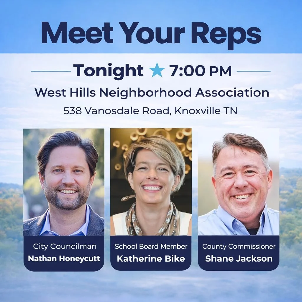 Looking forward to seeing everyone tonight at the West Hills Neighborhood Association!

Join me, School Board Member Katherine Bike @katherine.bike, and County Commissioner Shane Jackson @shaneforknox as we connect with neighbors, share updates, and 