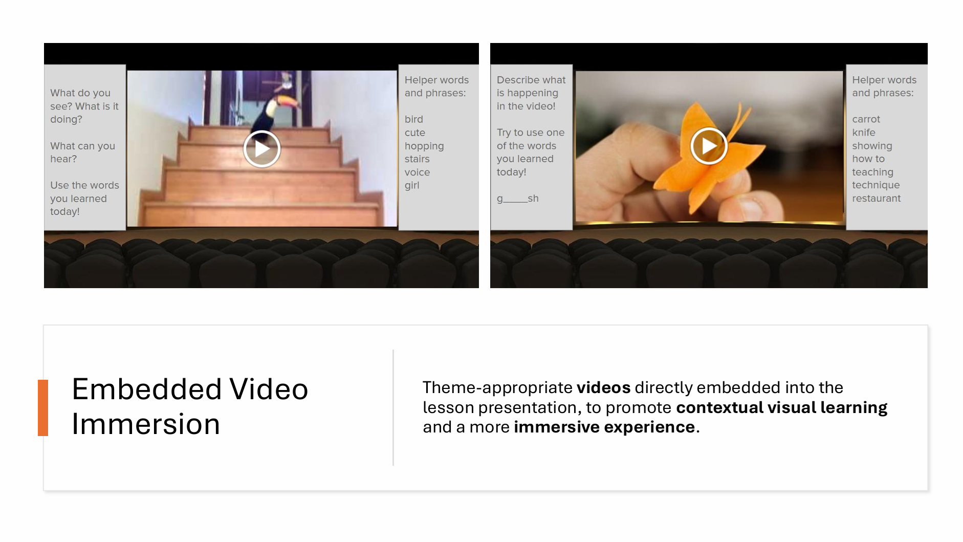 Screenshot showing two embedded video thumbnails in a lesson, featuring a bird on stairs and a carved carrot, with accompanying instructional text and helper words.