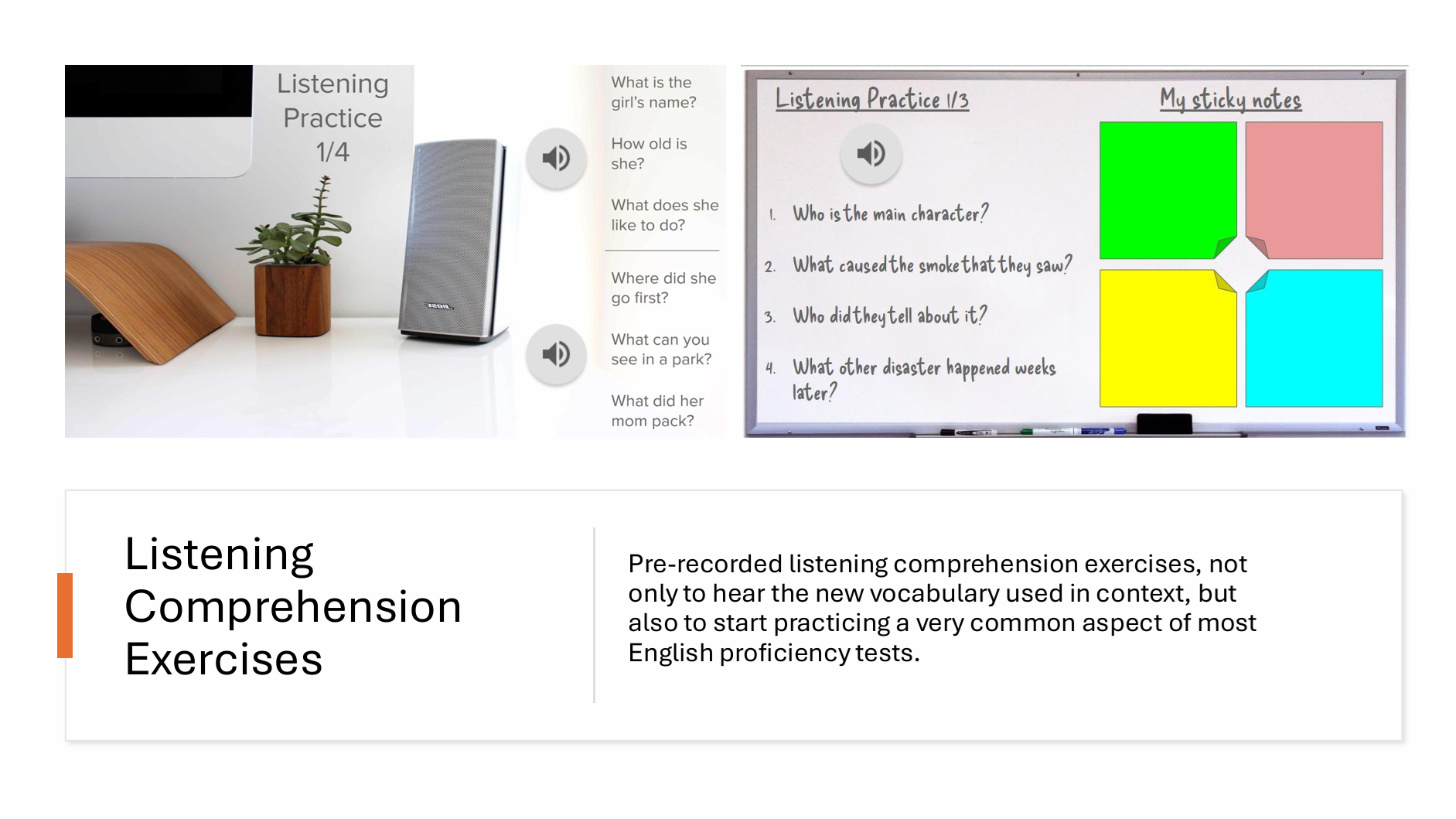 Digital montage showing a listening practice setup with a computer, speaker, plant, and whiteboard with questions and colored sticky notes. Text describes listening comprehension exercises for English proficiency tests.