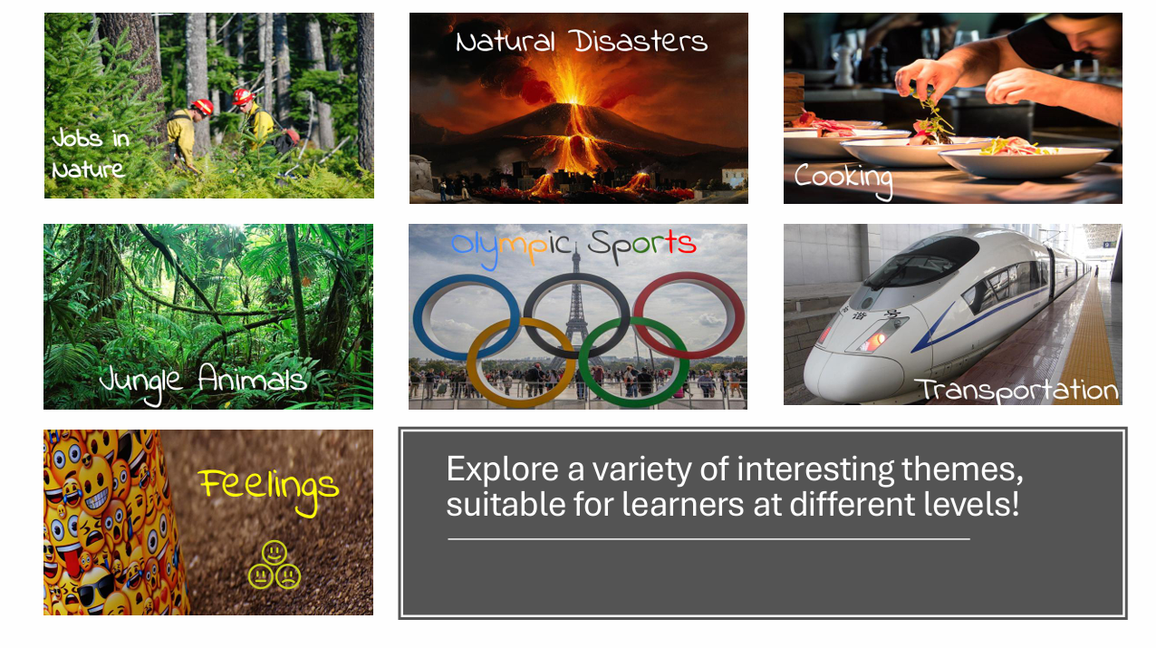 Collage of themed images: jobs in nature with workers in forest, natural disaster with erupting volcano, cooking with chef preparing food, jungle animals with lush greenery, Olympic sports with rings, high-speed train for transportation, emojis repre