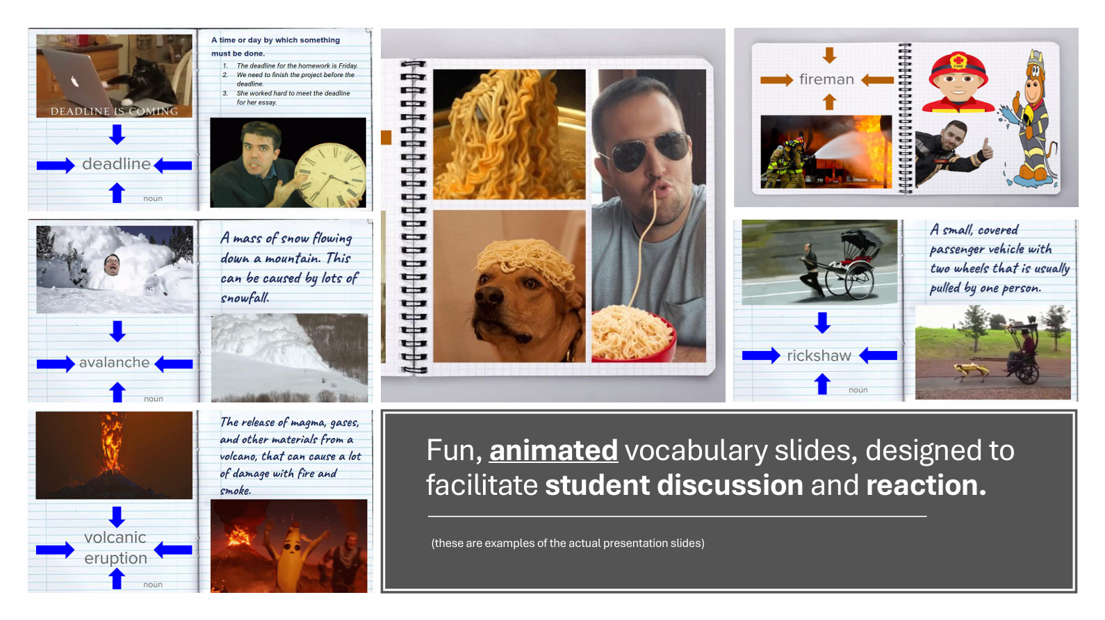 Collage of educational and humorous images, including word definitions like deadline, avalanche, fireman, rickshaw, and volcanic eruption. Images include a cat, a man holding a clock, snow, firefighters, and people with ramen noodles. Text describes