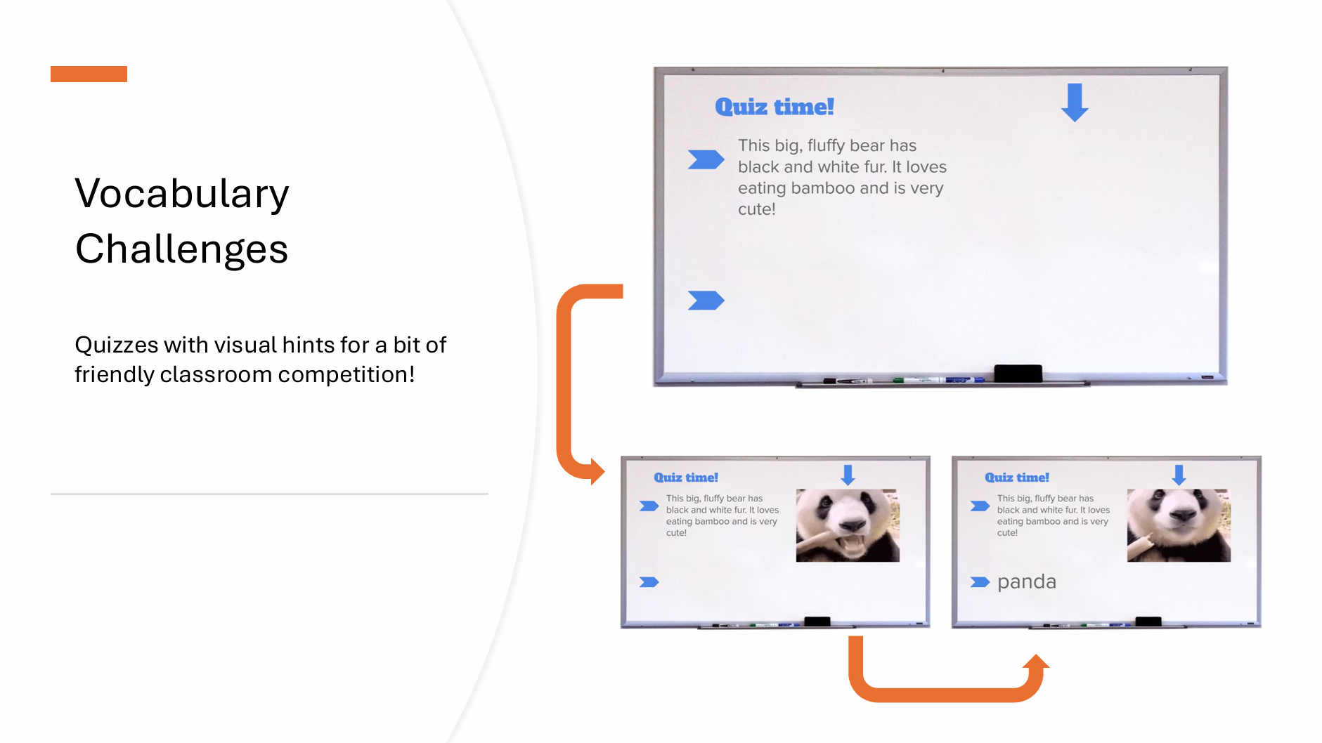 Slide titled "Vocabulary Challenges" featuring a "Quiz time!" section with a description of a black and white bear with a love for bamboo. It depicts a sequence ending with an image of a panda and the word "panda."