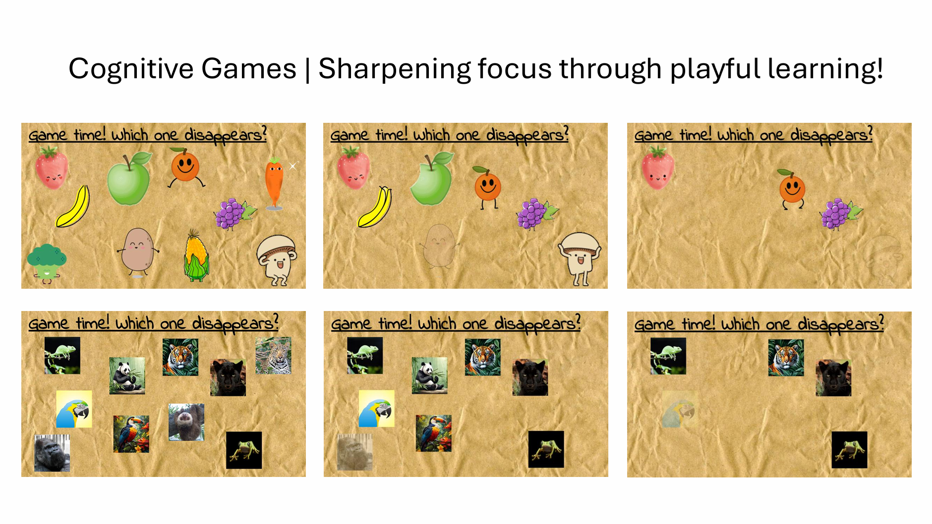 Image of cognitive games with two sets of "Which one disappears?" puzzles, featuring fruits and vegetables in the top row and animals in the bottom row.