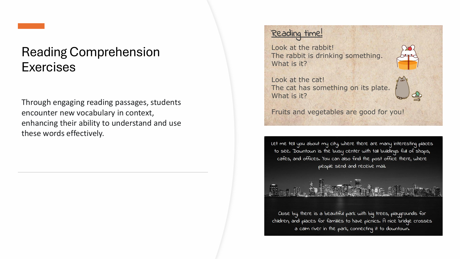 Collage of reading comprehension exercises, including sentences discussing a rabbit and a cat with related images, and a paragraph about a city with downtown buildings and a park.