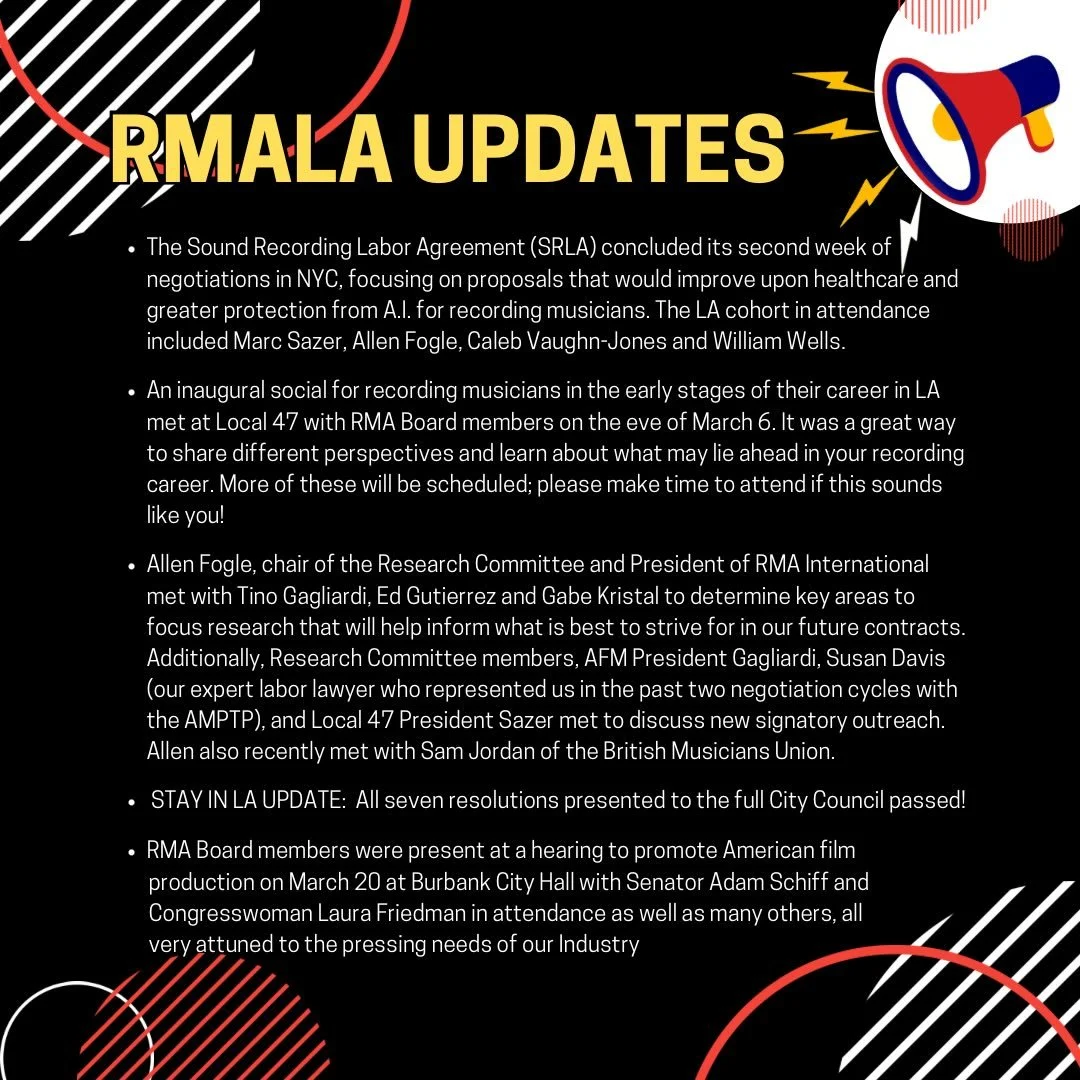 Want to know what&rsquo;s been going on at RMA Los Angeles?  Check out the bullet points below for a quick overview!

Don&rsquo;t forget to check your email for a more detailed overview.

If you&rsquo;re a new recording musician, check out a Studio P