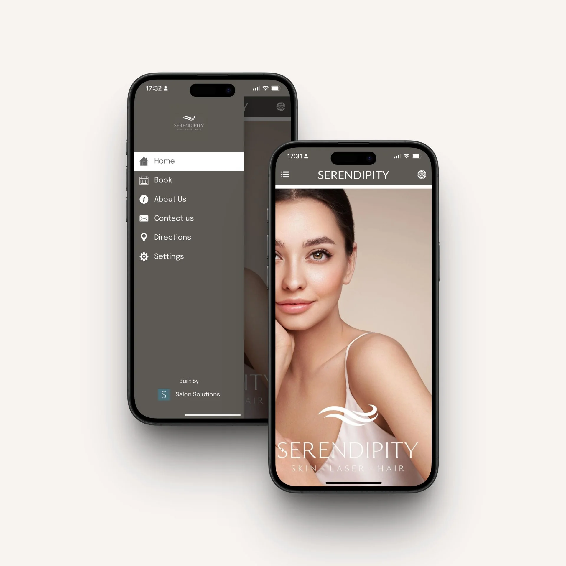 Two smartphones displaying the "Serendipity Skin Laser Hair" app interface, featuring a menu with options for Home, Book, About Us, Contact us, Directions, Settings, and an image of a woman with clear skin.