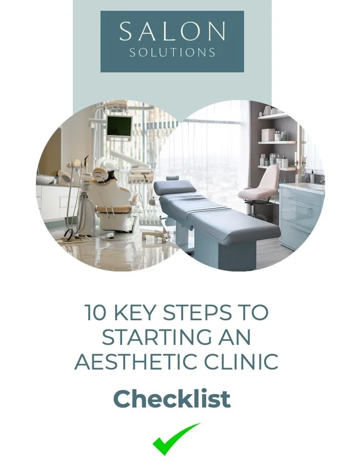 Cover page for a guide titled '10 Key Steps to Starting an Aesthetic Clinic' by Salon Solutions, featuring images of a dental or medical examination room and an aesthetic treatment room.