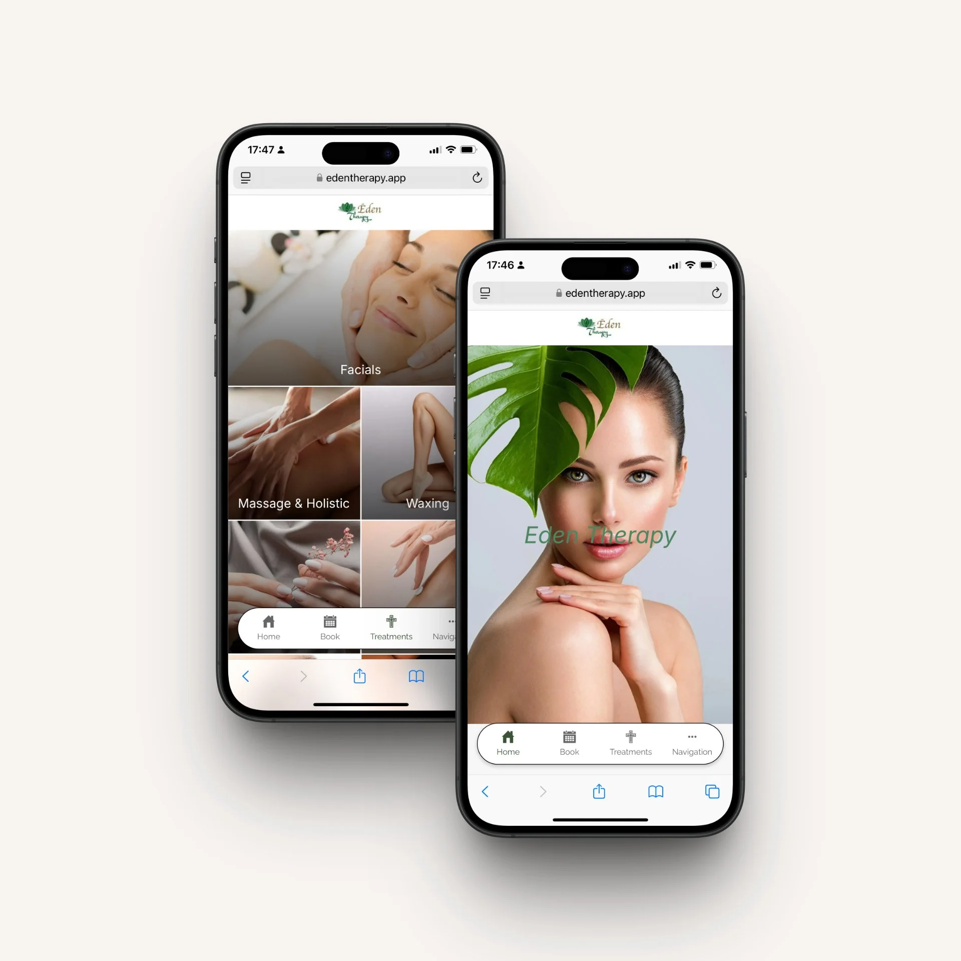 Two smartphones displaying the Eden Therapy website with options for facials, massage, holistic treatments, and waxing, featuring images of spa treatments and a person with a leaf.